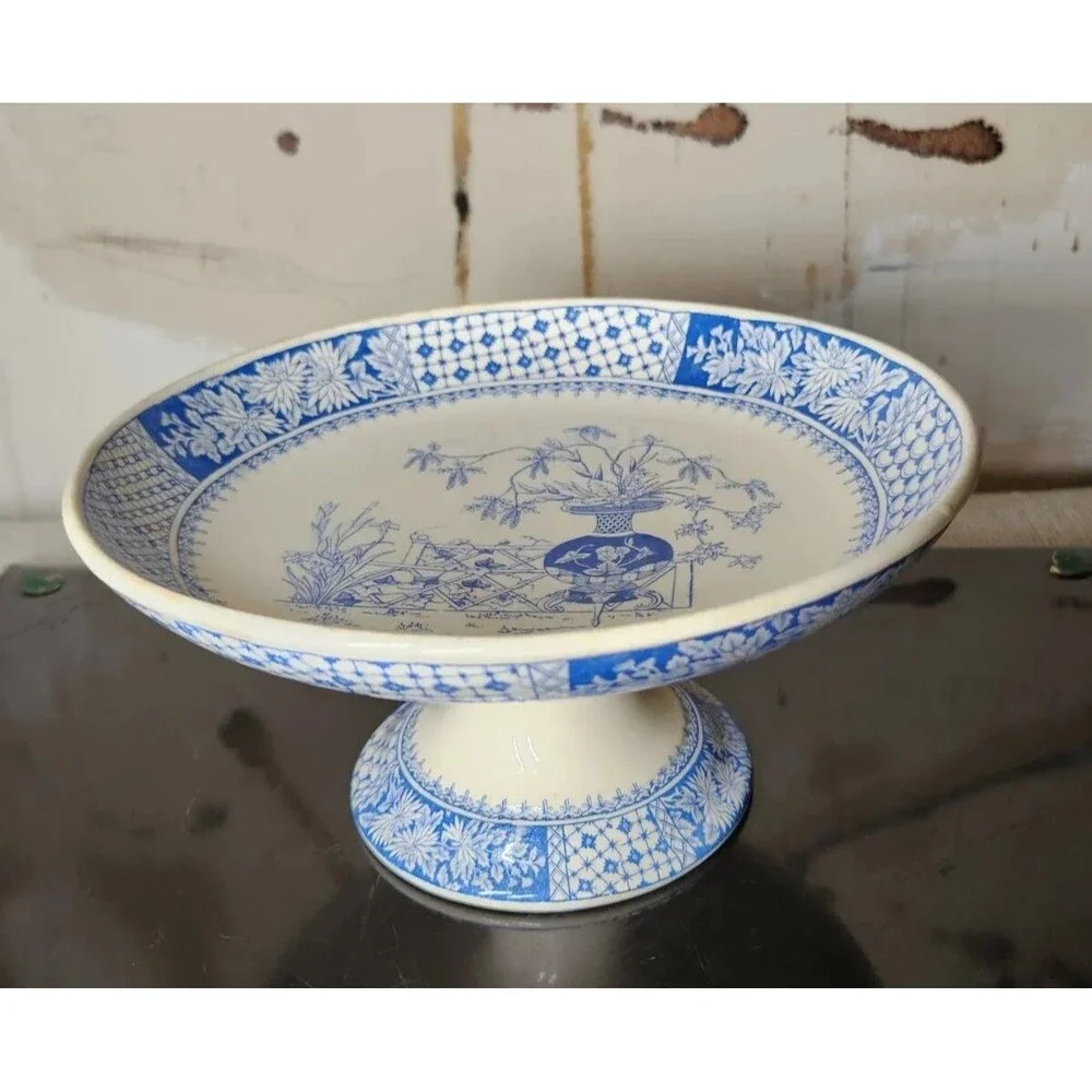 Antique Copeland Compote KEW Pattern Tazza W T & SONS Comport Floral Blue White